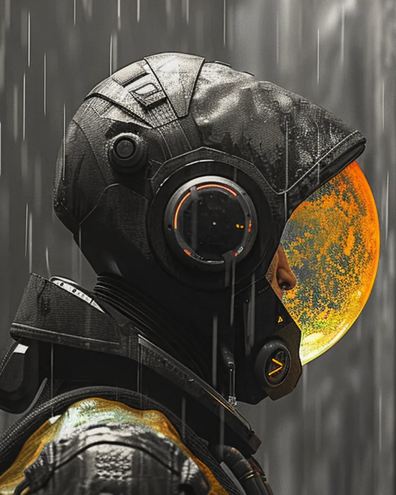 Personne en combinaison dorée et casque, sous la pluie, univers graphique de Wasteland Studio